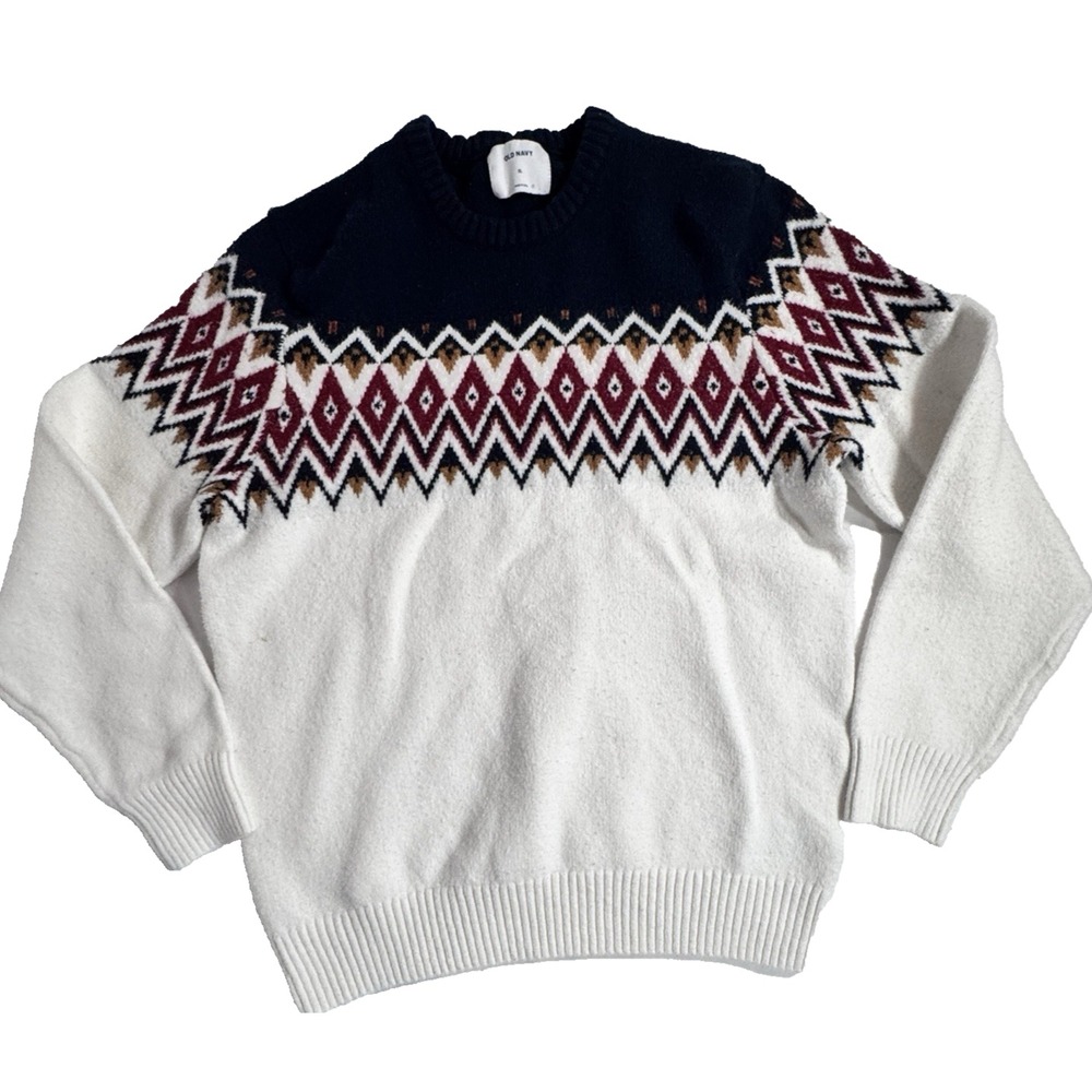 Sweater Womens Large Fair Isle Chunky Knit Cozy Soft Fisherman Preppy White/Blue